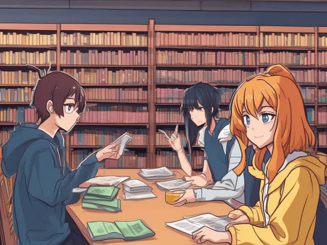 Anime-style students researching books and documents in a library, representing the process of gathering evidence about a work’s production and copyright history.